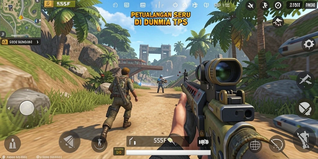 Tangkapan layar utama 555F menampilkan aksi seru gameplay TPS.