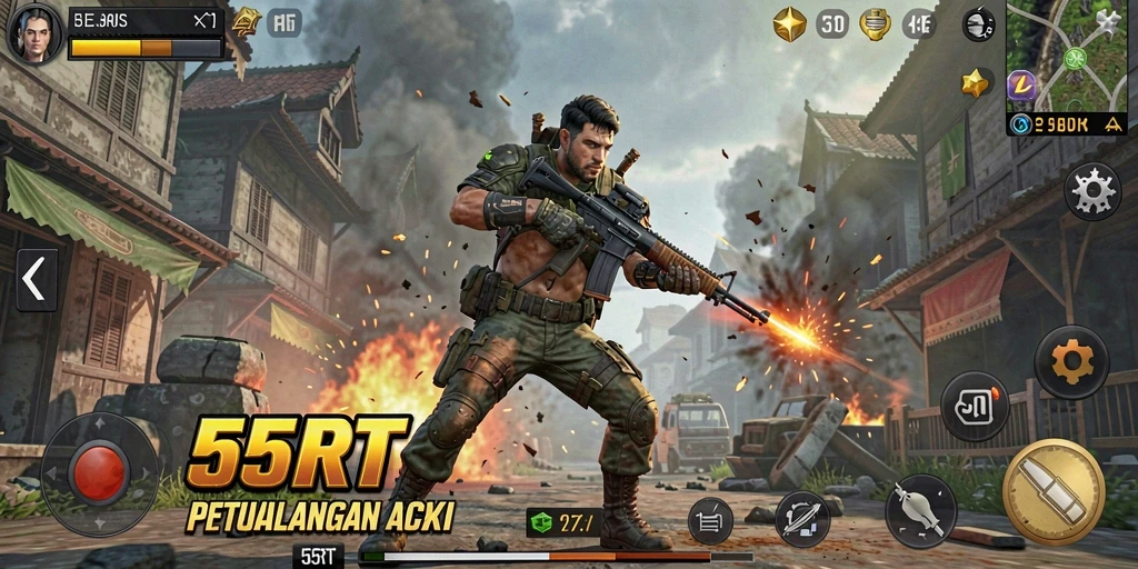 Screenshot utama 55RT menampilkan aksi seru dalam pertempuran.