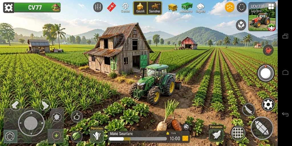 Tampilan gameplay CV777 yang menampilkan aktivitas bertani dan merawat hewan.