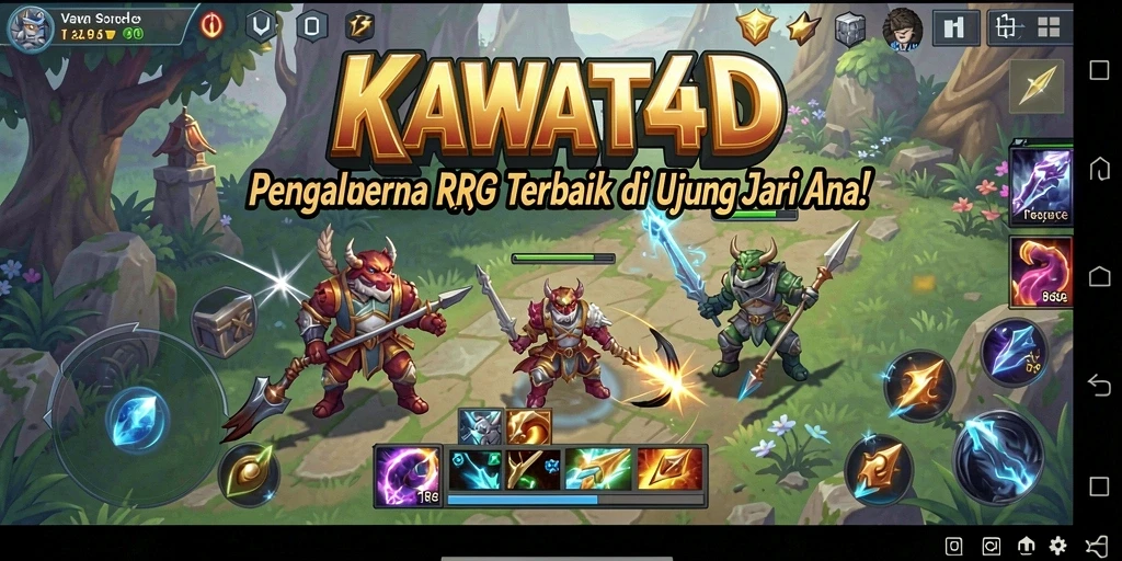Screenshot utama KAWAT4D menunjukkan pertempuran intens dan dunia yang luas.