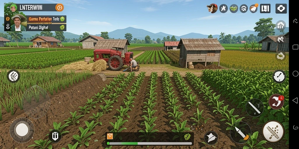Tampilan menarik dari gameplay LNTERWIN yang menunjukkan suasana pertanian yang hidup.