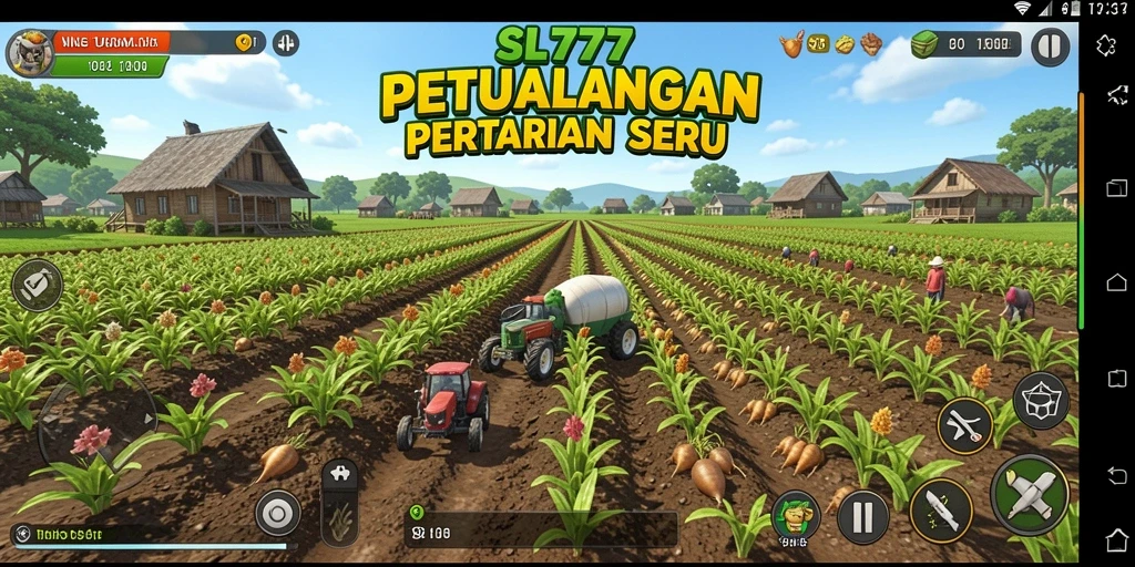 Gameplay SL777 dengan pemandangan kebun yang indah dan tanaman yang subur.