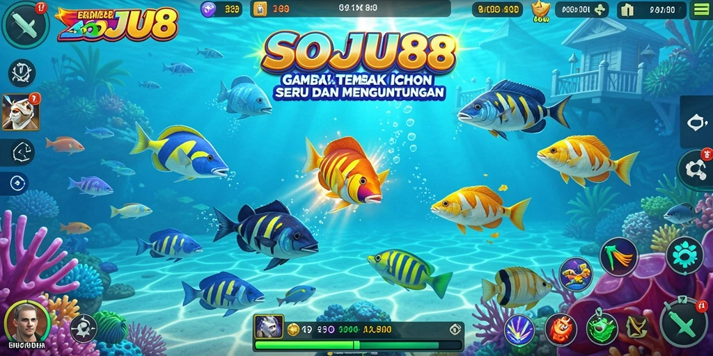 Tangkapan layar gameplay SOJU88 menampilkan aksi menangkap ikan yang seru.